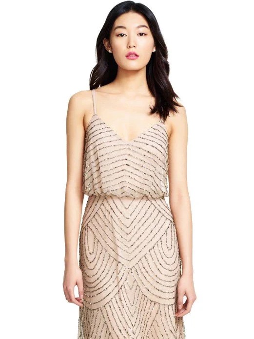 Adrianna Papell Art Deco Beaded Blouson Gown In Taupe Pink, Nwt But Flawed